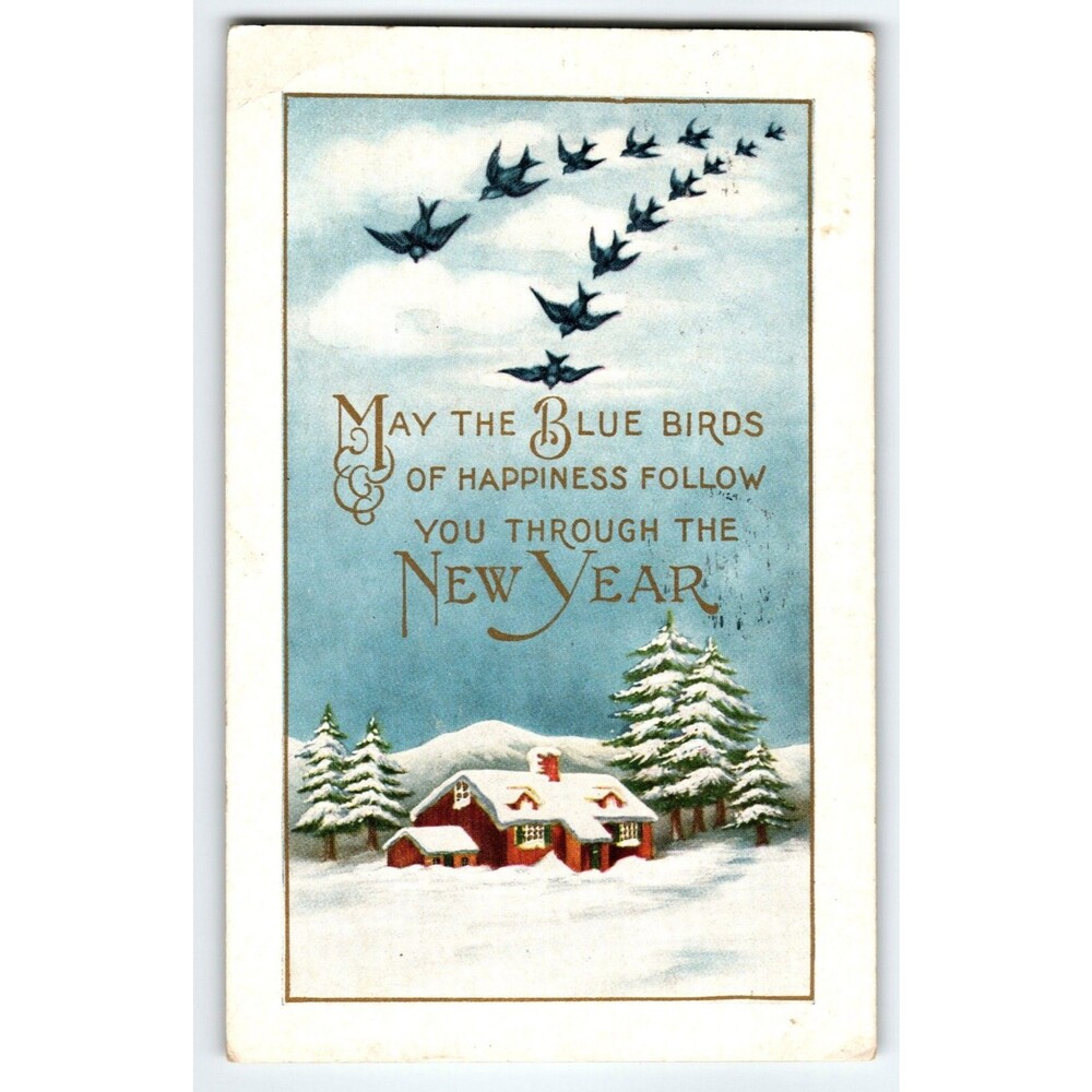New Year Postcard Flying Black Birds Snow Covered Trees Cabin Whitney 1916